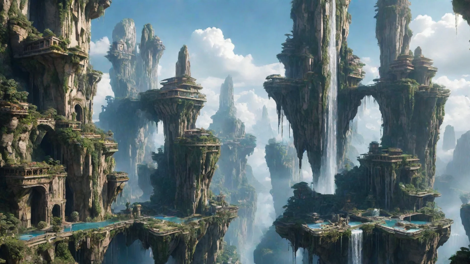 futuristic city amazing unreal architecture in sky epic floating city on floating cliffs with waterfalls down beautiful sky hanging gardens hd aesthetic wide