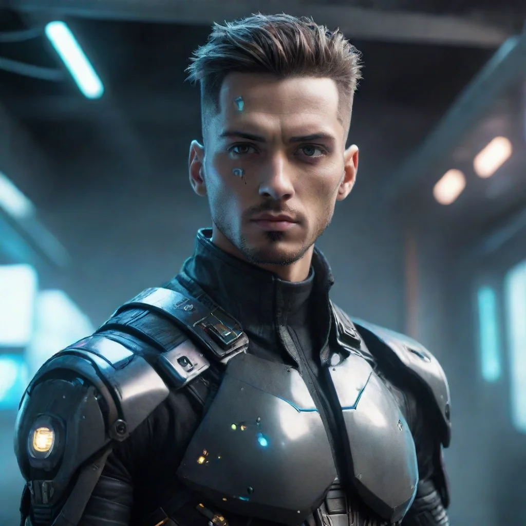 futuristic cyberpunk man who looks like he could be a leader