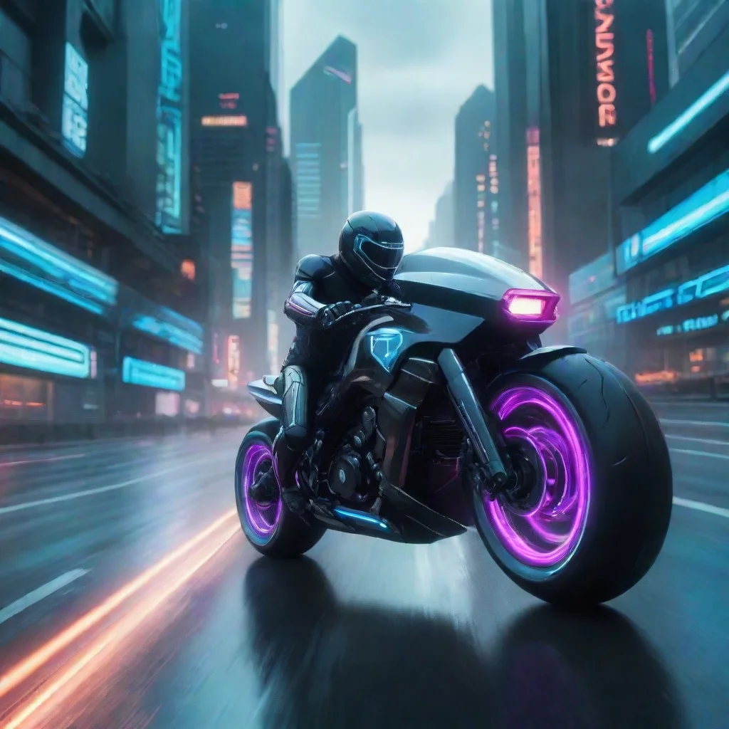 futuristic cyberpunk motorcycle dashing down the highway towards a futuristic city in the style of tron