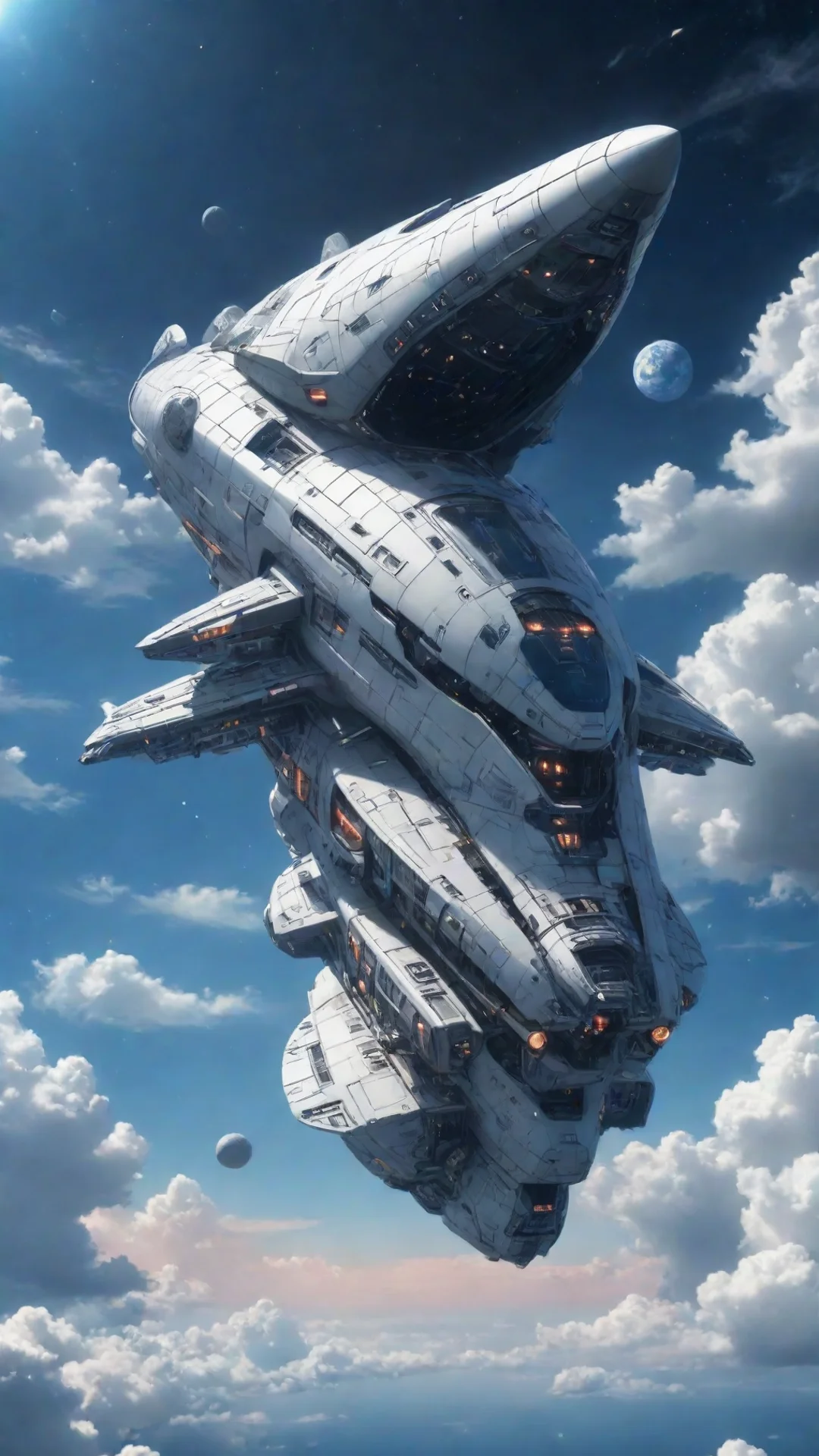 futuristic space ship in the sky in the style of manga tall