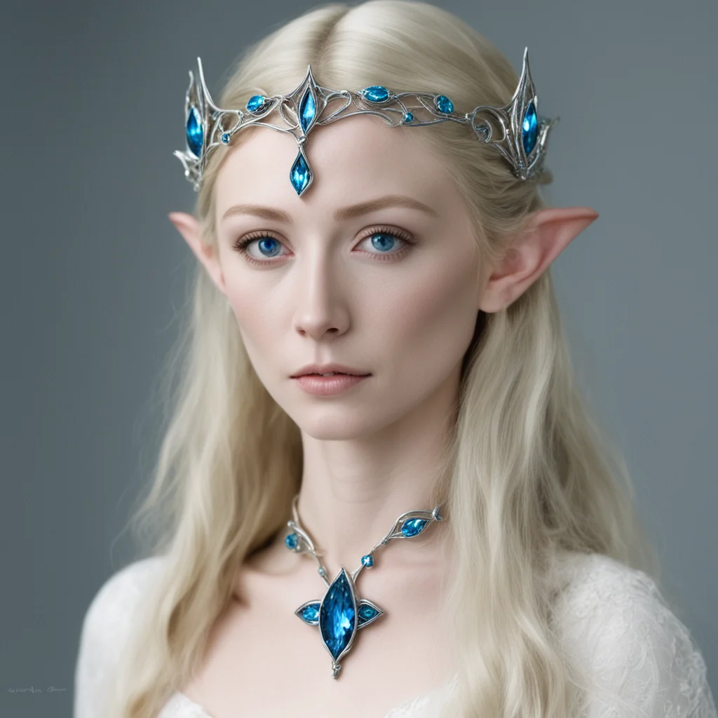 aigaladriel wearing small silver elven circlet with blue diamond confident engaging wow artstation art 3