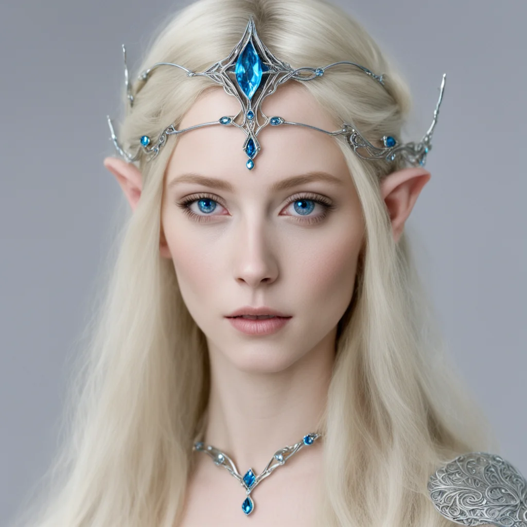aigaladriel wearing small silver elven circlet with blue diamond good looking trending fantastic 1