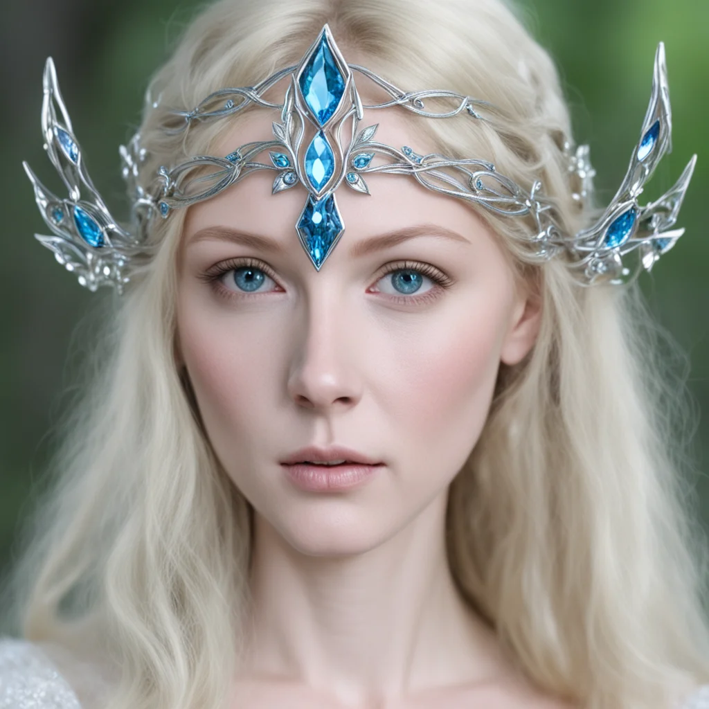 galadriel wearing small silver elven circlet with blue diamond