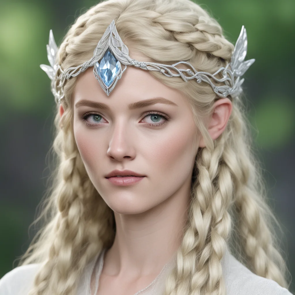 galadriel with blond hair and braids wearing silver silvan elvish circlet with large center diamond amazing awesome portrait 2