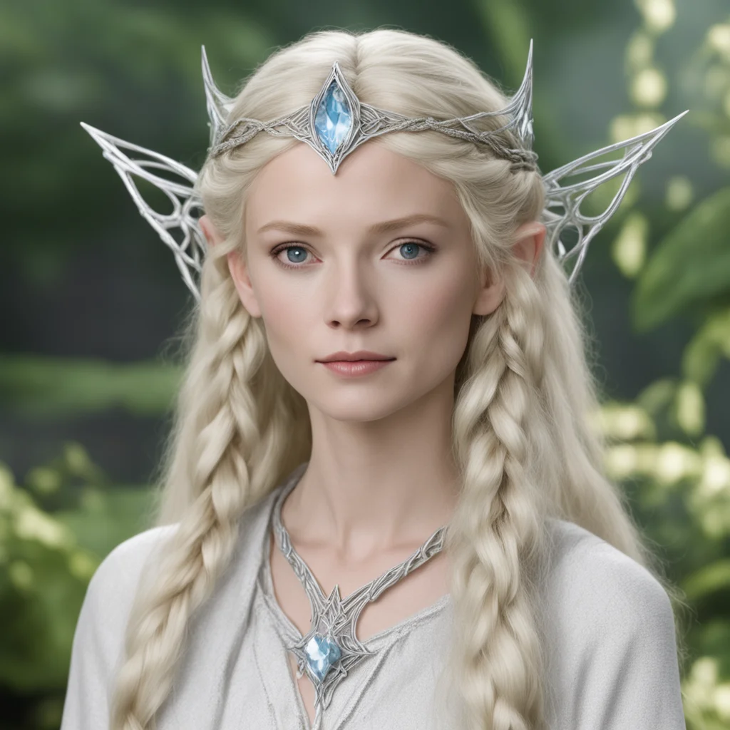 galadriel with blond hair and braids wearing silver silvan elvish circlet with large center diamond
