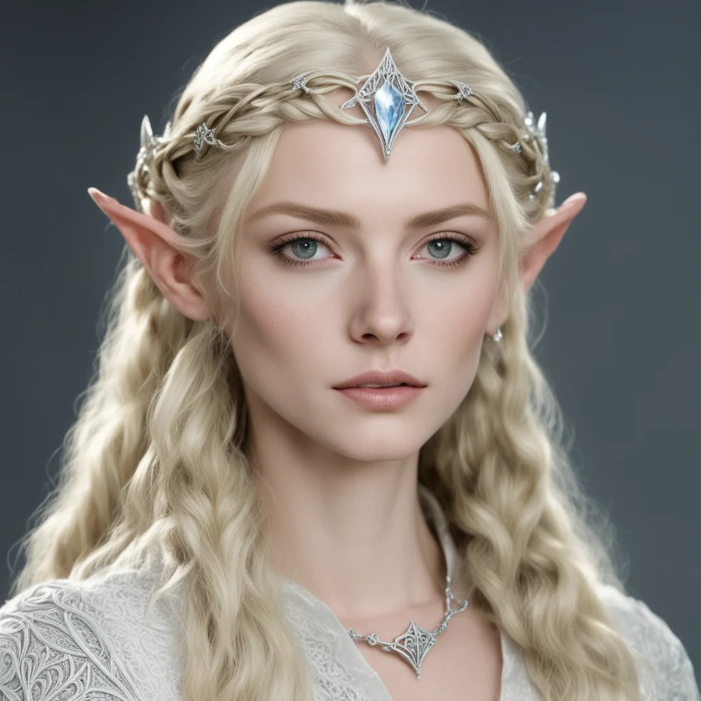 galadriel with blond hair and braids wearing silver sindarin elvish circlet with large center diamond amazing awesome portrait 2