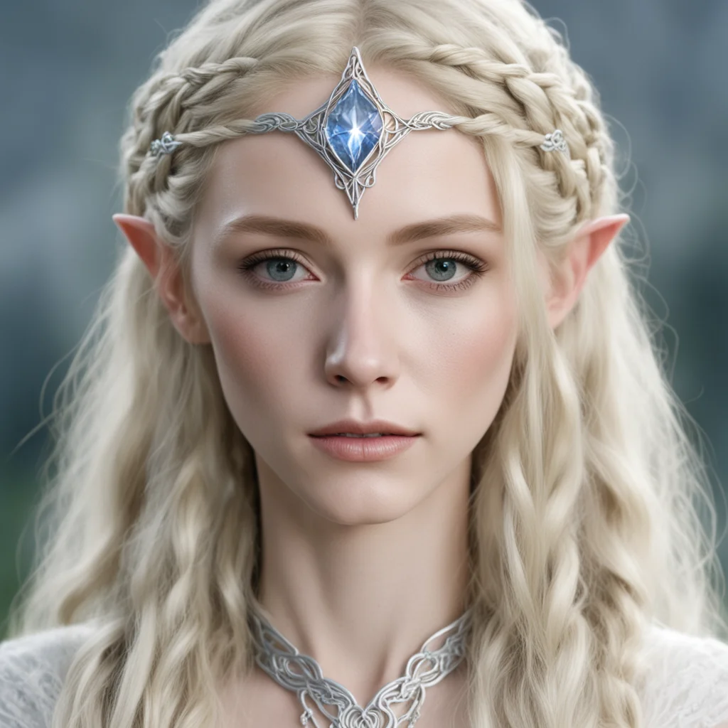 galadriel with blond hair and braids wearing silver sindarin elvish circlet with large center diamond confident engaging wow artstation art 3