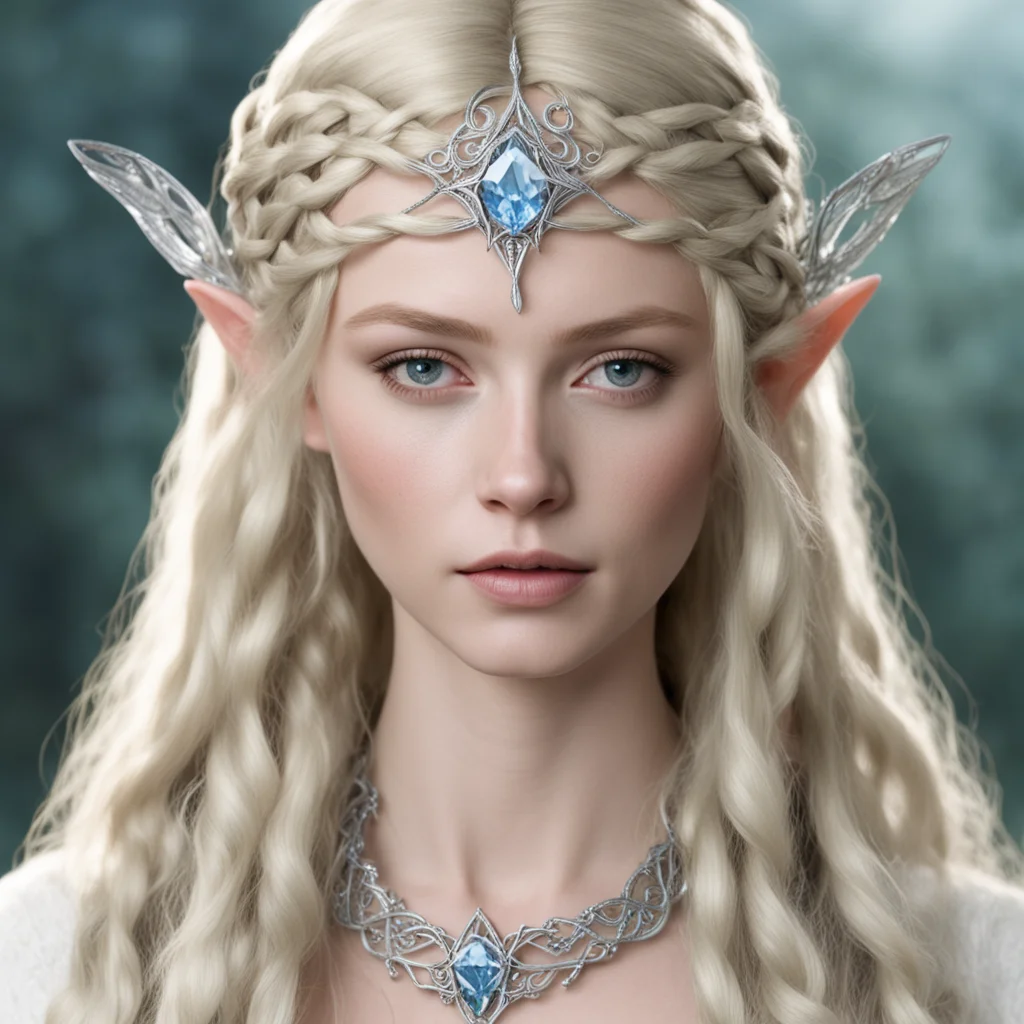 galadriel with blond hair and braids wearing silver sindarin elvish circlet with large center diamond