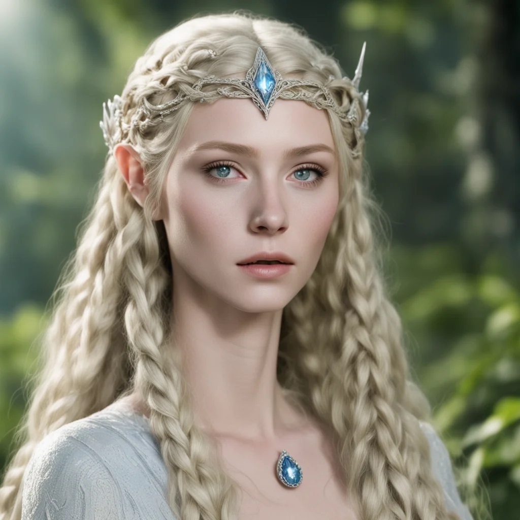 galadriel with blond hair and braids wearing small elvish circlet encrusted with diamonds