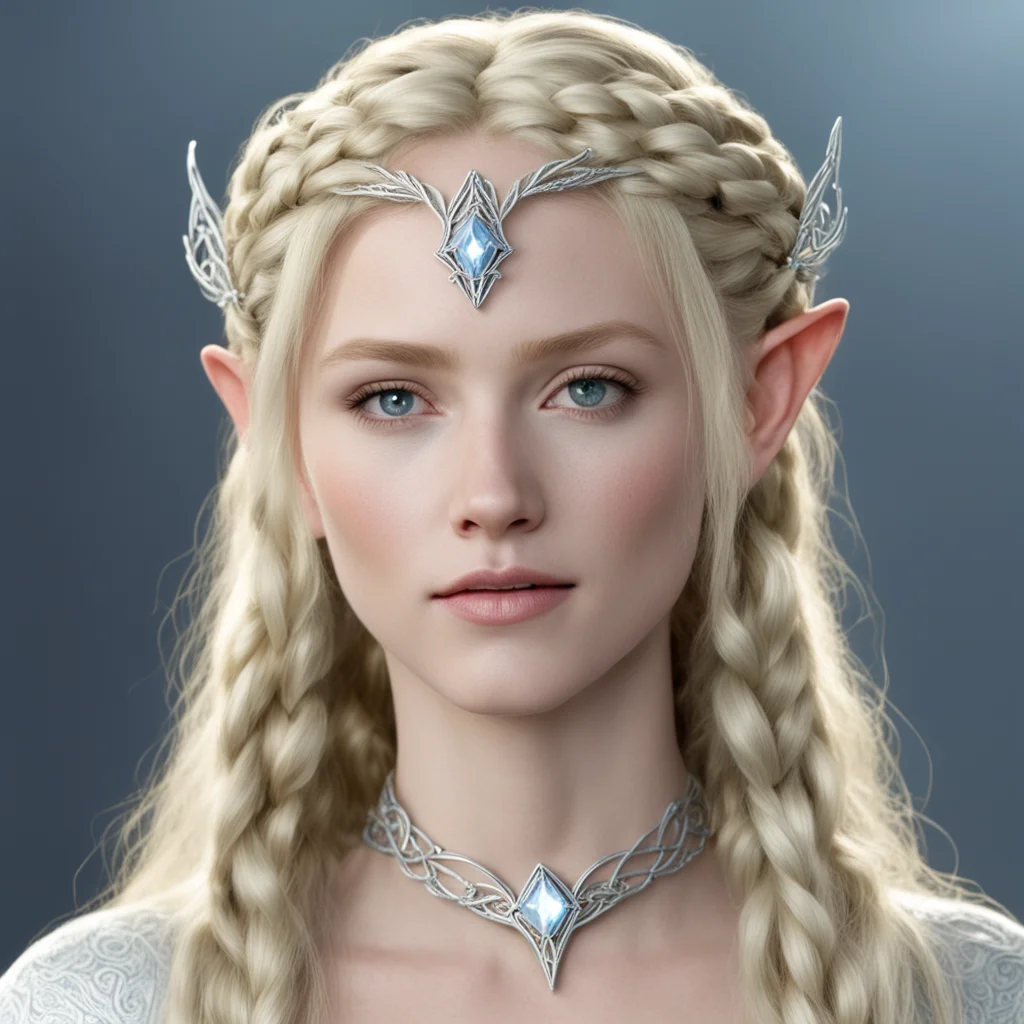 aigaladriel with blond hair and braids wearing small silver elvish circlet with large center diamond confident engaging wow artstation art 3