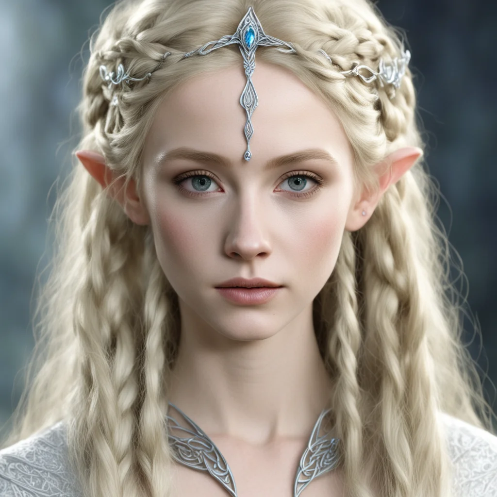 aigaladriel with blond hair and braids wearing small silver elvish circlet with large center diamond good looking trending fantastic 1