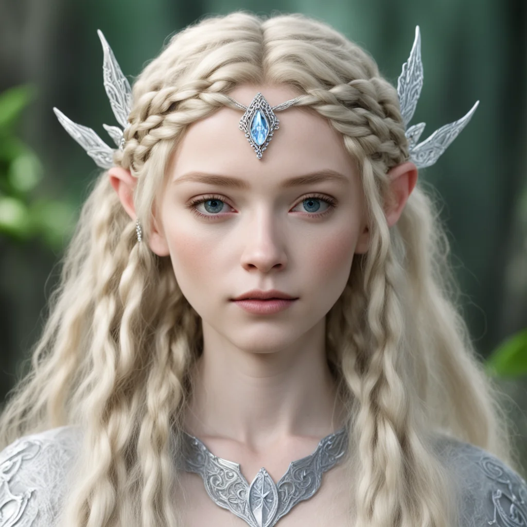galadriel with blond hair and braids wearing small silver elvish circlet with large center diamond