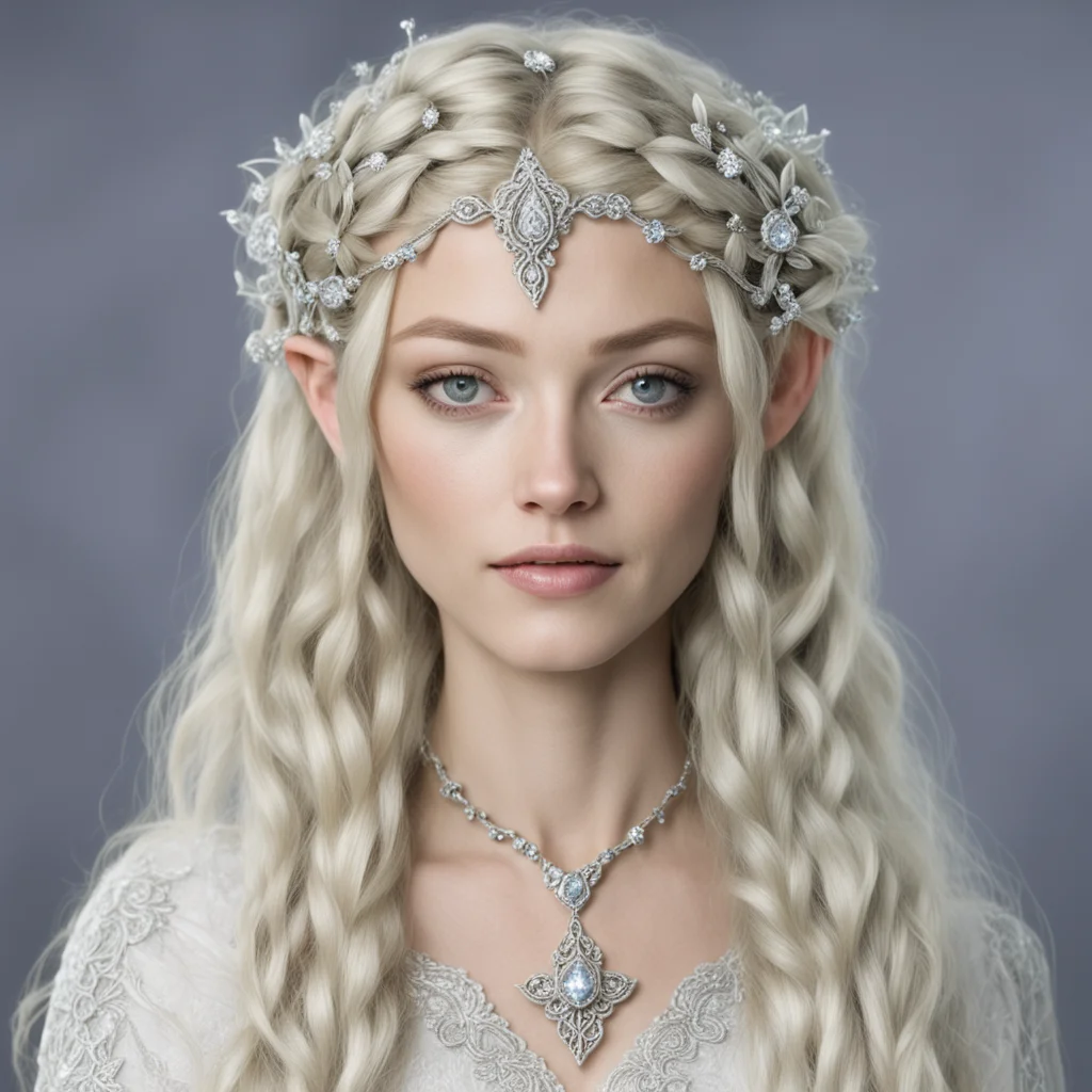 aigaladriel with blond hair and braids wearing small silver flowers encrusted with diamonds to form a small silver elvish circlet with large center diamond  amazing awesome portrait 2