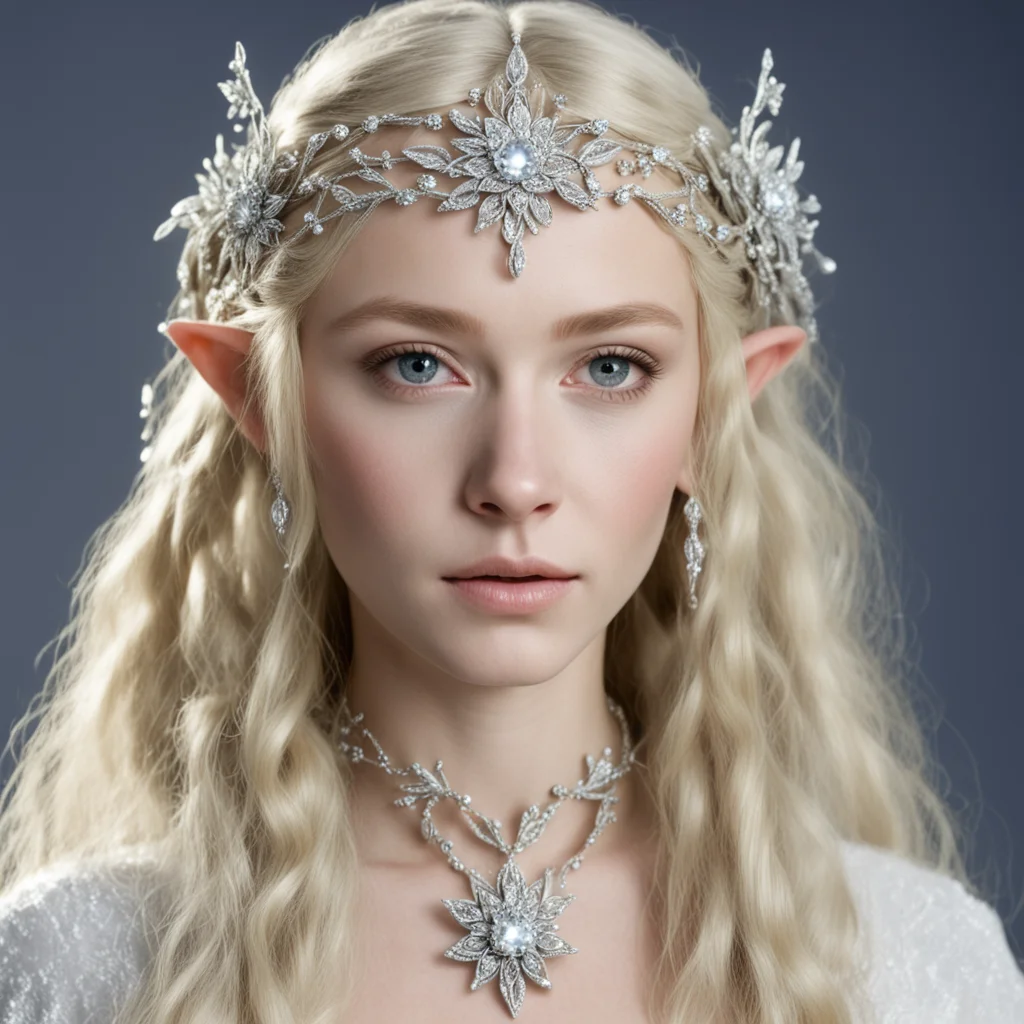 aigaladriel with blond hair and braids wearing small silver flowers encrusted with diamonds to form a small silver elvish circlet with large center diamond  good looking trending fantastic 1