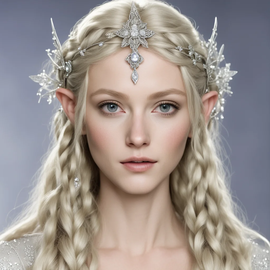 aigaladriel with blond hair and braids wearing small silver flowers encrusted with diamonds to form a small silver elvish circlet with large center diamond 