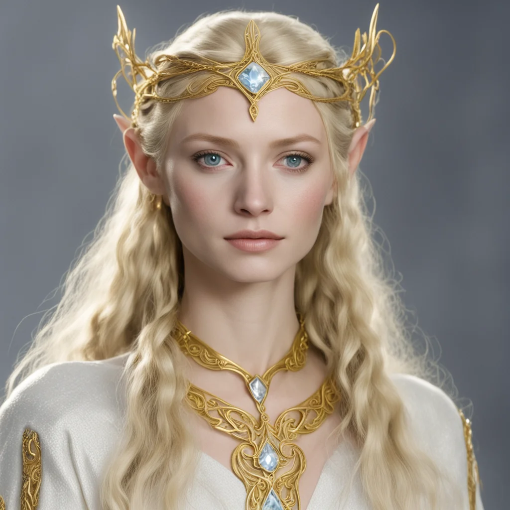 galadriel with blond hair with braids wearing gold sindarin elvish circlet with diamonds amazing awesome portrait 2