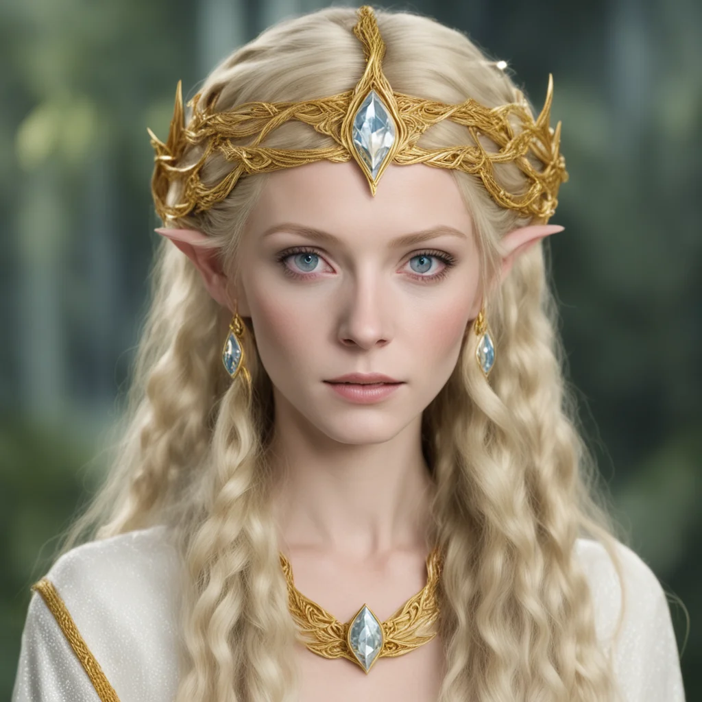 aigaladriel with blond hair with braids wearing gold sindarin elvish circlet with diamonds confident engaging wow artstation art 3