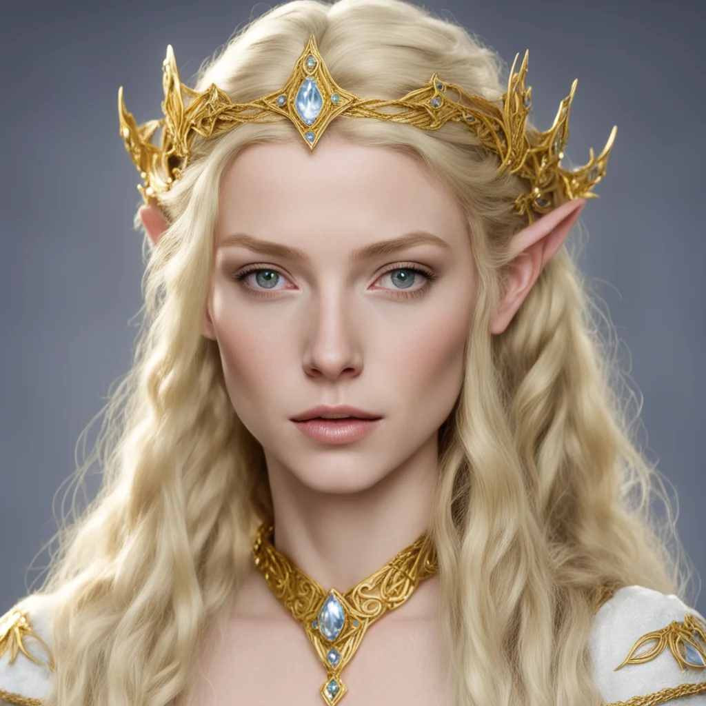 galadriel with blond hair with braids wearing gold sindarin elvish circlet with diamonds