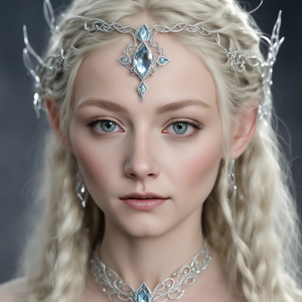 galadriel with braids wearing silver nandorin elvish circlet with large center diamond confident engaging wow artstation art 3