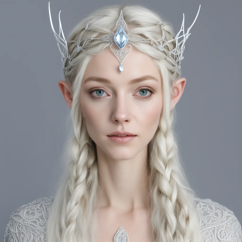 galadriel with braids wearing silver nandorin elvish circlet with large center diamond good looking trending fantastic 1