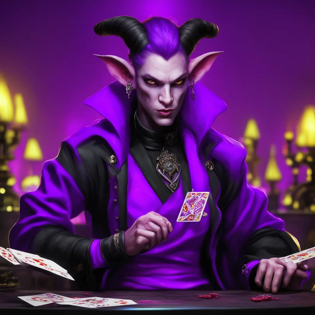 gambler tiefling wearing purple and black clothes gambling with cards and dice  good looking trending fantastic 1