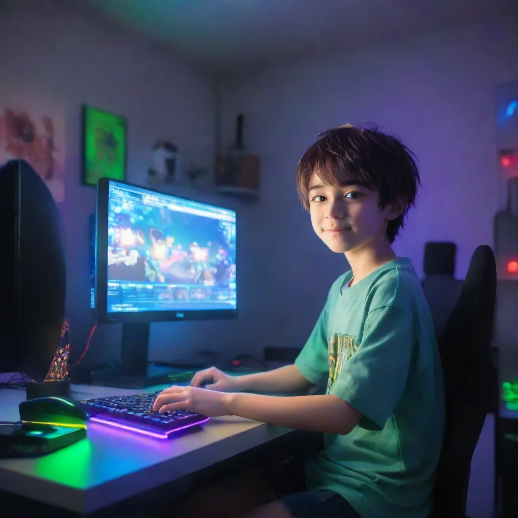 gamer boy anime about 13 years old playing a modern gaming pc. the room his colorful leds lighting up the room. the boy is happy. the room should be bright and colorful