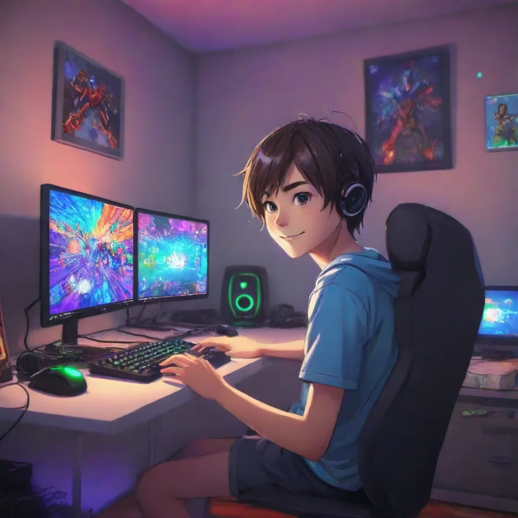 gamer boy anime cartoon about 13 years old playing a modern gaming pc. the room his colorful leds lighting up the room. the boy is happy. the room should be bright and colorful