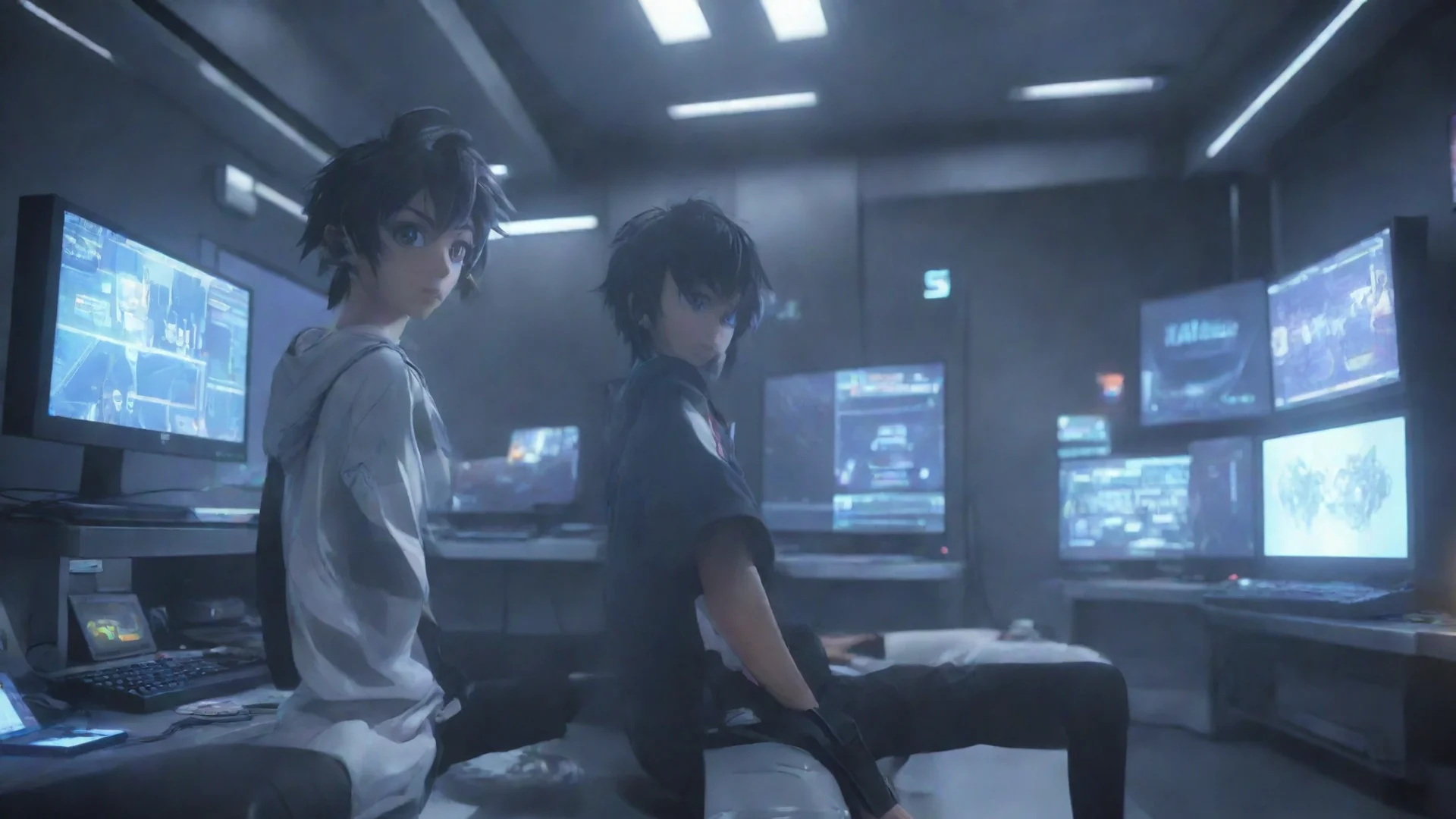 gamer boy anime cartoon in a futuristic room hdwidescreen