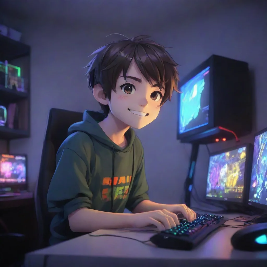 aigamer boy anime cartoon playing a gaming pc. the room his colorful leds. the boy is happy
