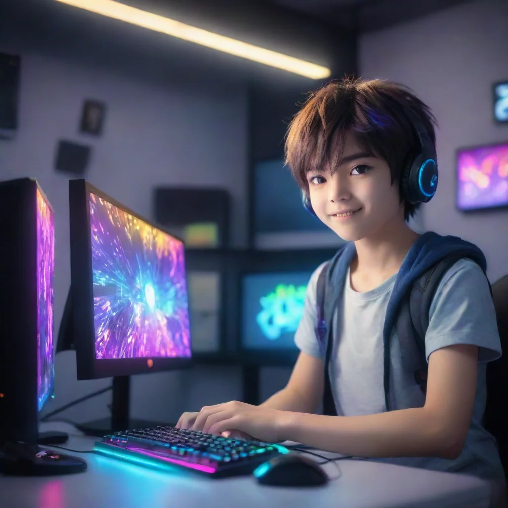 gamer boy anime cartoon playing a modern gaming pc. the room his colorful leds. the boy is happy
