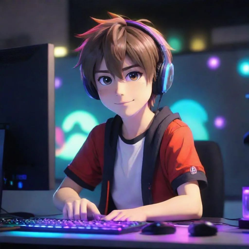 gamer boy anime cartoon sitting at a gaming pc and colorful led lighting. make it bright and fun and make him look happy