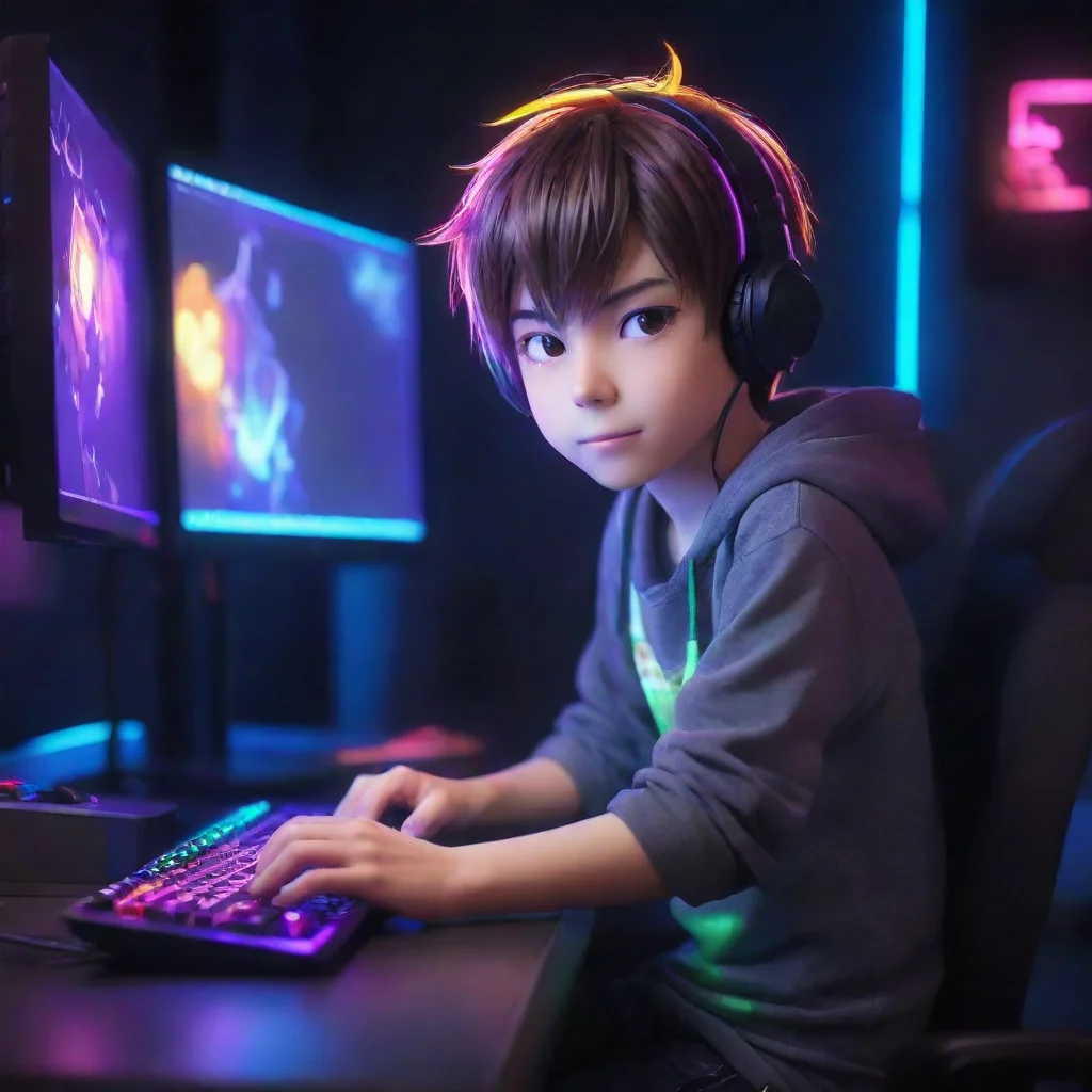 gamer boy anime cartoon sitting at a gaming pc and colorful led lighting. make it bright and fun