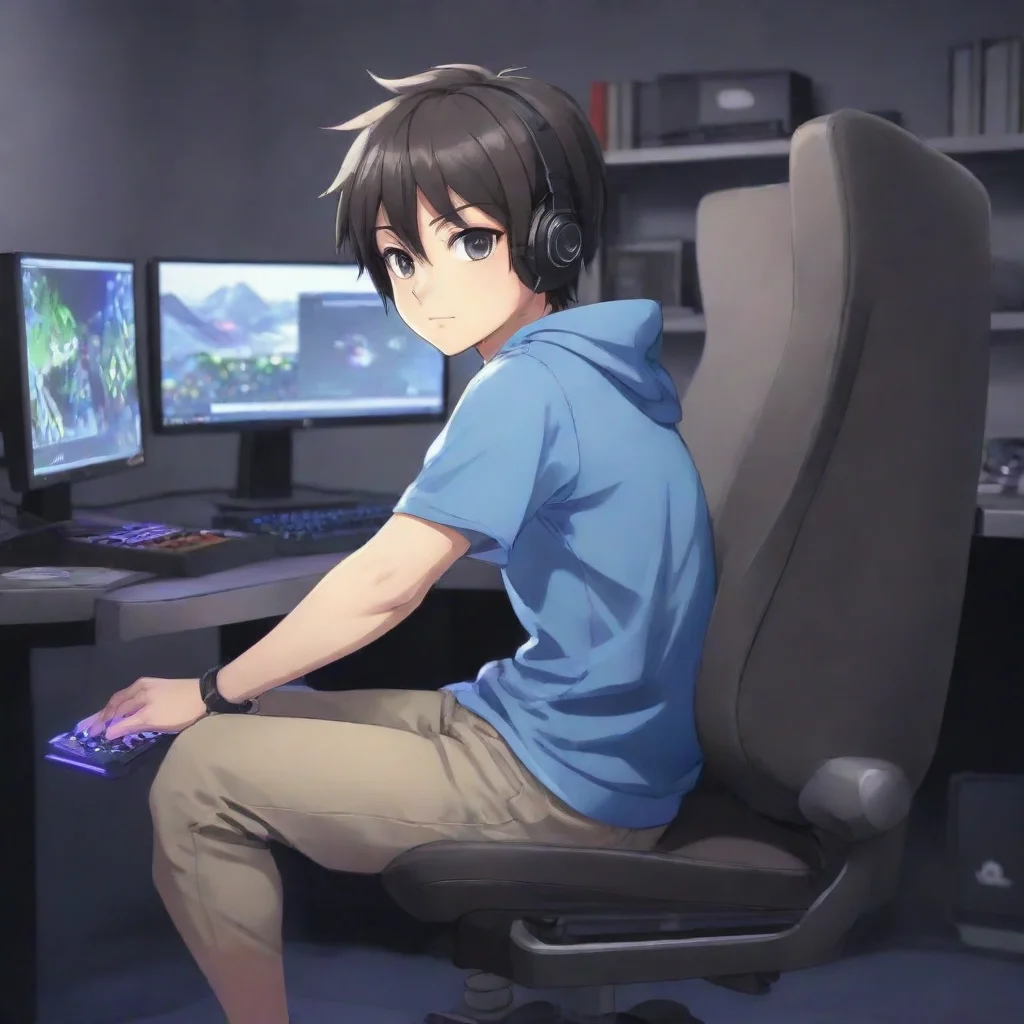 aigamer boy anime cartoon sitting at a gaming pc