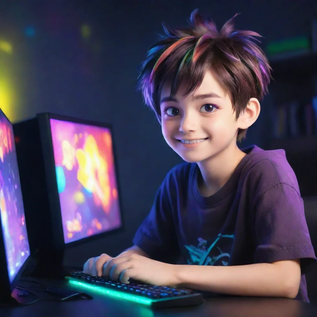 gamer boy with a zero fade haircut anime cartoon playing a gaming pc in a room lit up by bright and colorful led lighting. the boy looks happy
