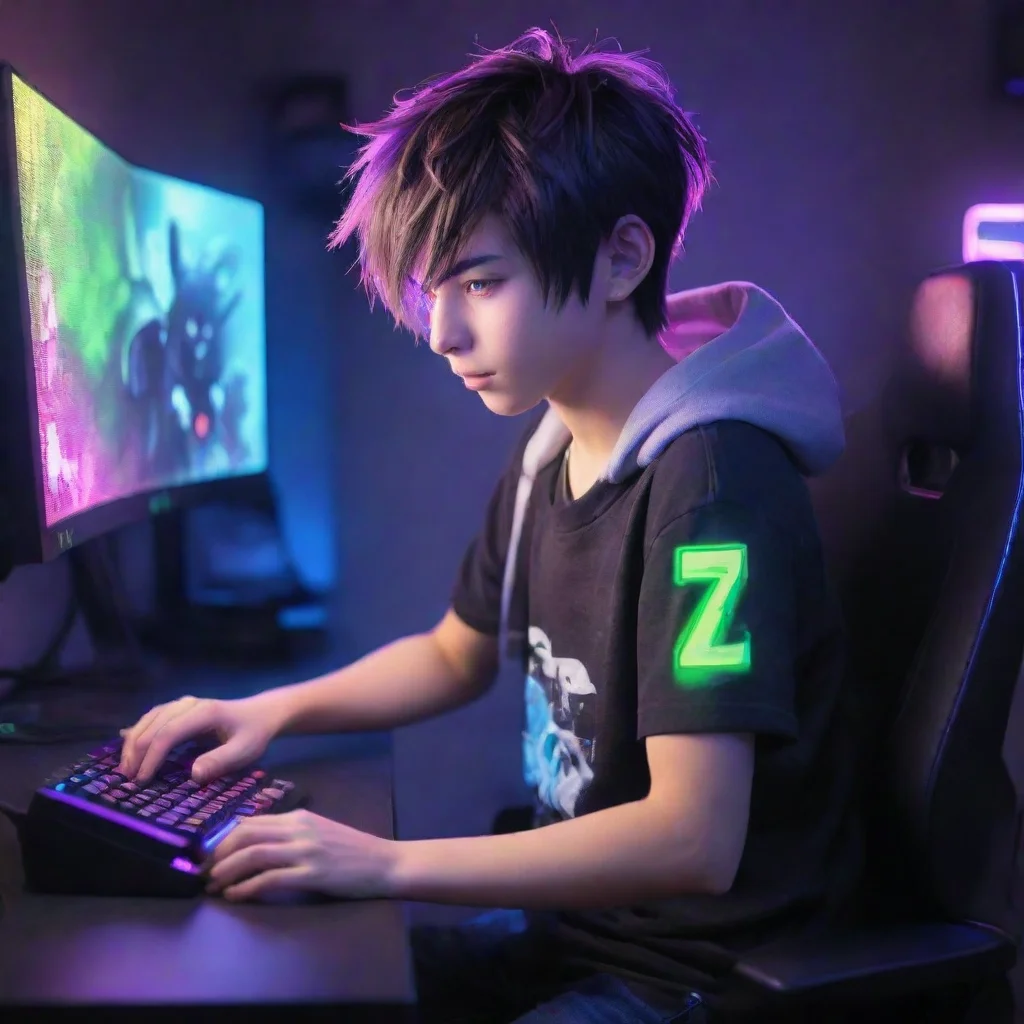 aigamer boy with a zero fade haircut anime cartoon playing a gaming pc in a room lit up by bright and colorful led lighting