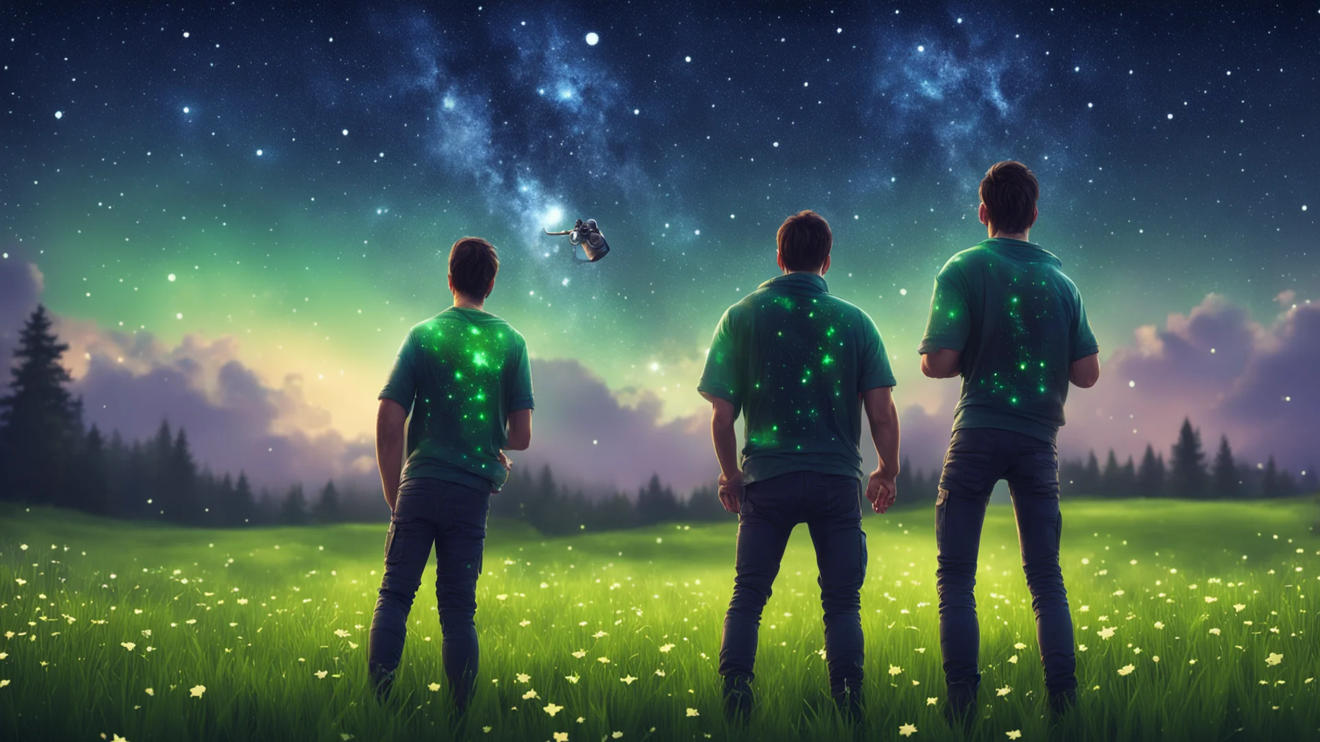 gamer character standing with his back turned with an xbox controller in a starry meadow amazing awesome portrait 2 wide