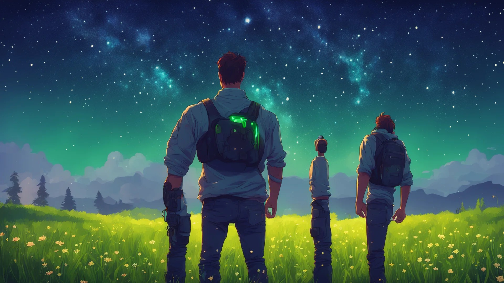 gamer character standing with his back turned with an xbox controller in a starry meadow good looking trending fantastic 1 wide