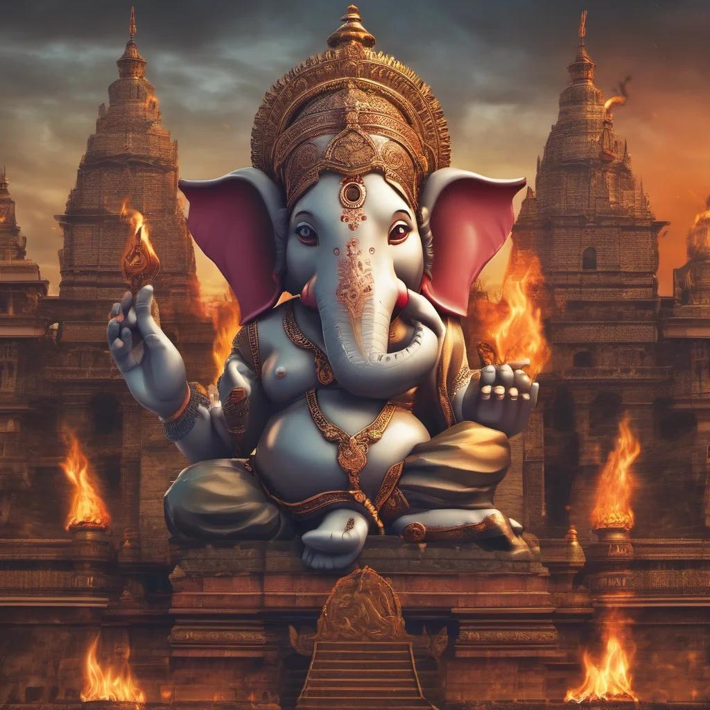 ganesha godhead with fire in his eyes in front of a castle