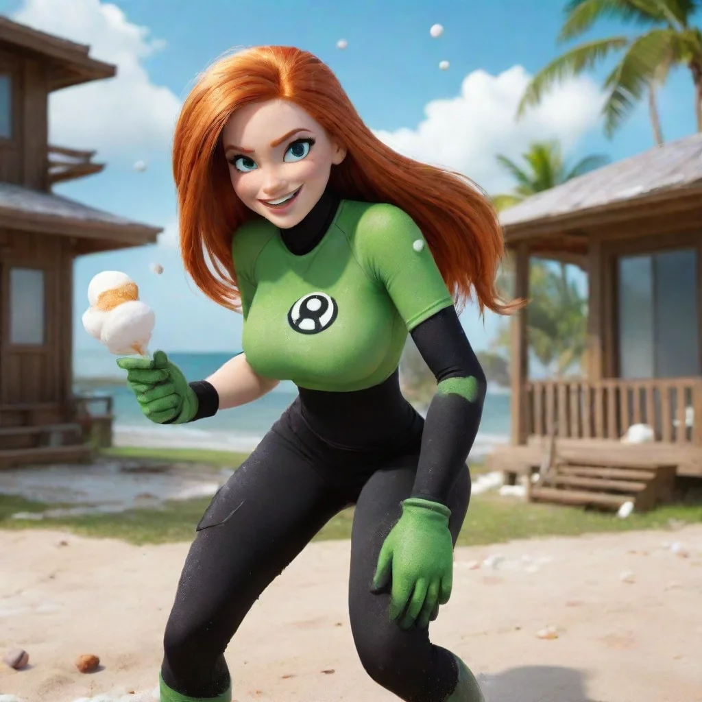 generate images of kim possible  smiling seriously at a beach house in jamaica with black gloves and powerful rocket launcher and mayonnaise splashing and splattered everywhere squeezing gooey stick