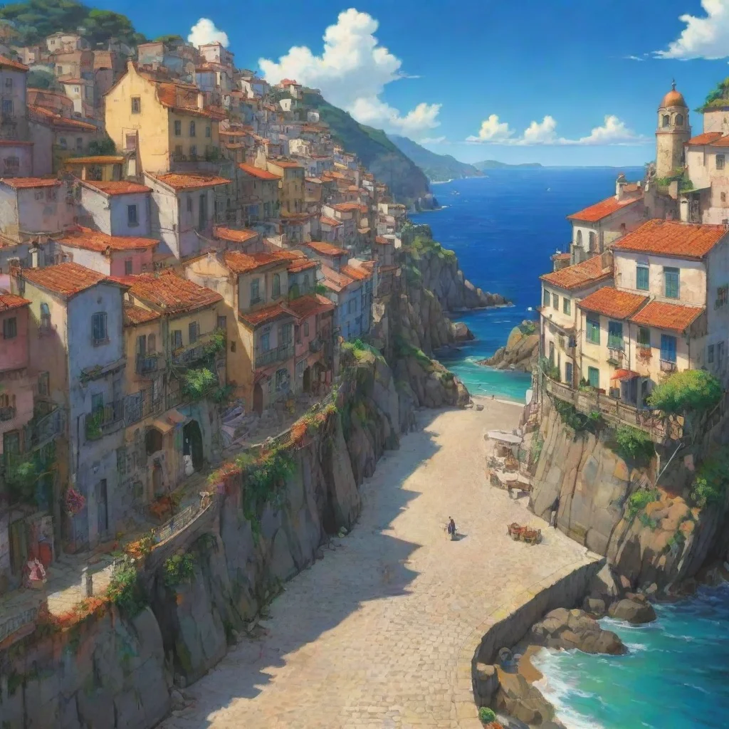 ghibli anime portuguese coastal town hd aesthetic best quality with strong vibrant colors