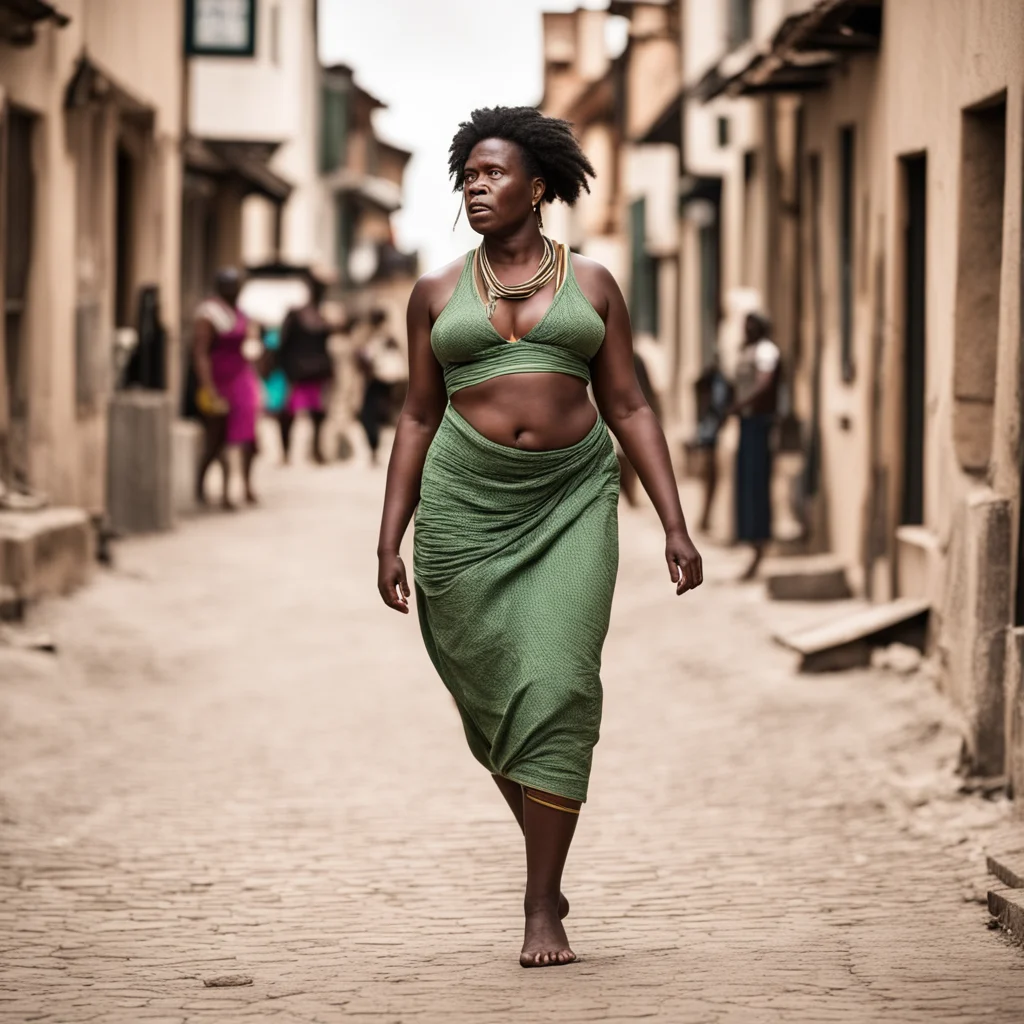giant african woman walking through town barefoot with an annoyed expression .  amazing awesome portrait 2