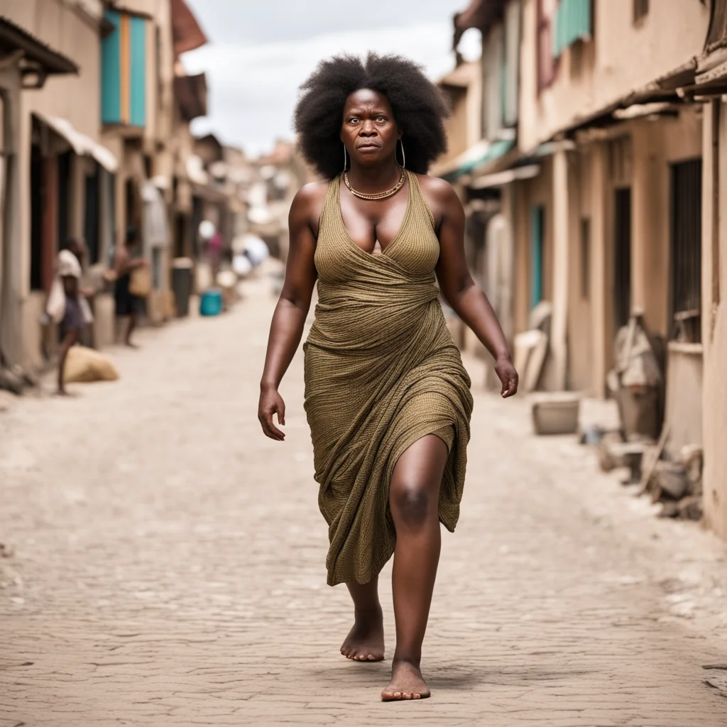 giant african woman walking through town barefoot with an annoyed expression .  good looking trending fantastic 1