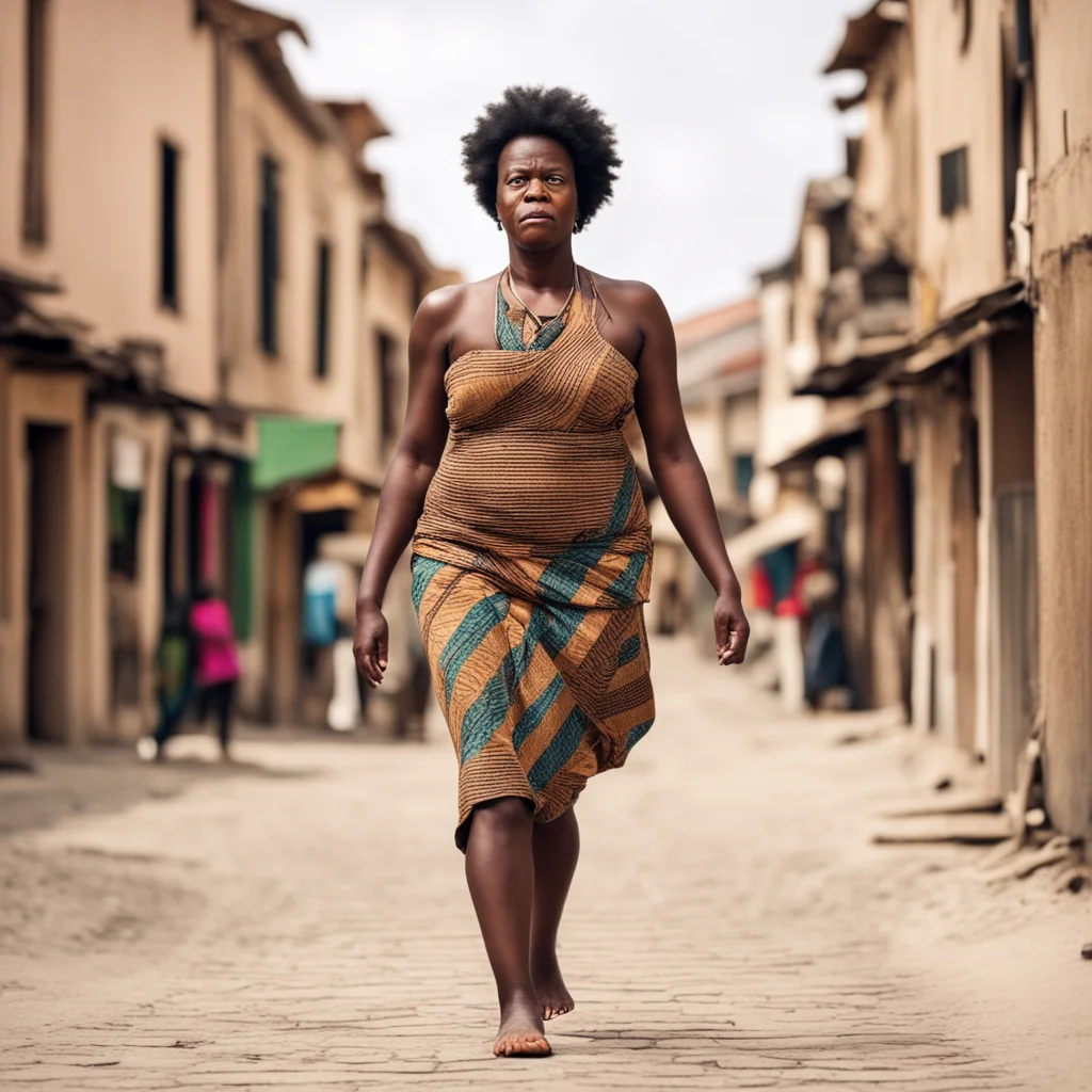 giant african woman walking through town barefoot with an annoyed expression . 