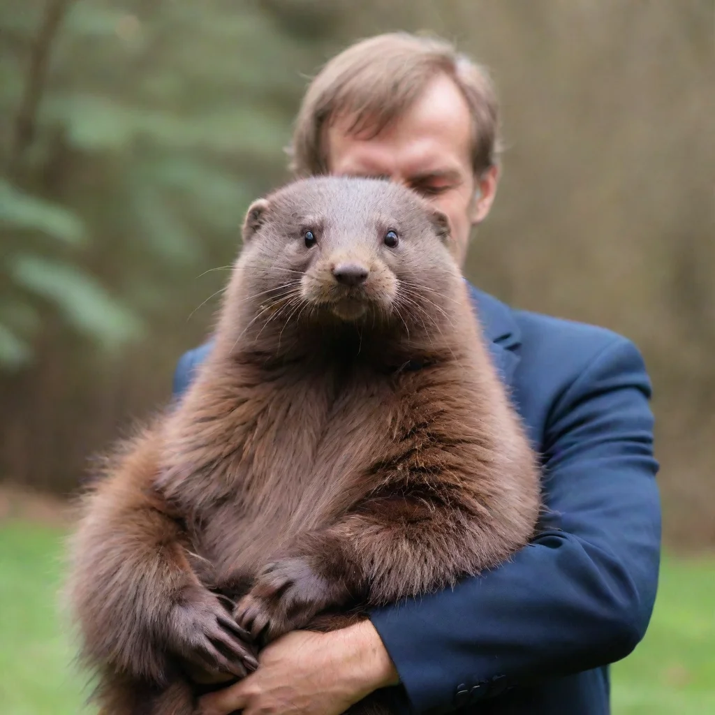 giant brown furry mink hugging a human male