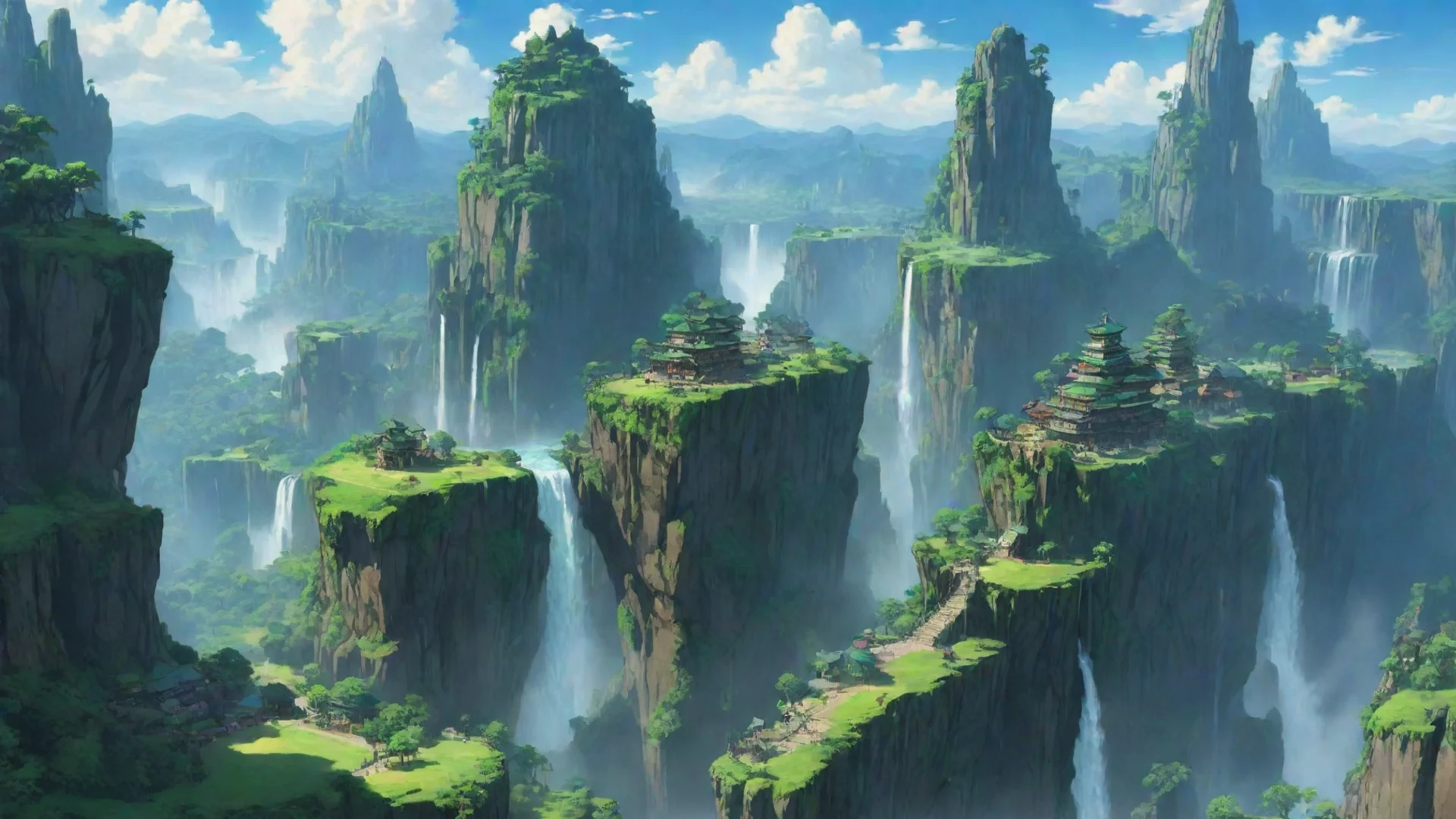 giant green planet in sky anime ghibli city on floating cliffs with waterfalls best hd aesthetic wow wide