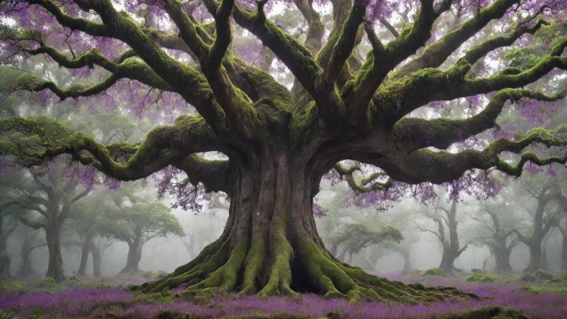 aigiant magic tree with small purple flying particles around it%2C lush green leaves with lush green moos around it wide