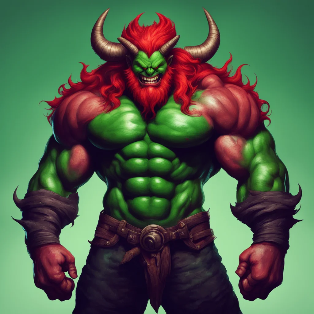 giant very muscular demon with big red hair and beard and dark green skin with big horns and evil smile
