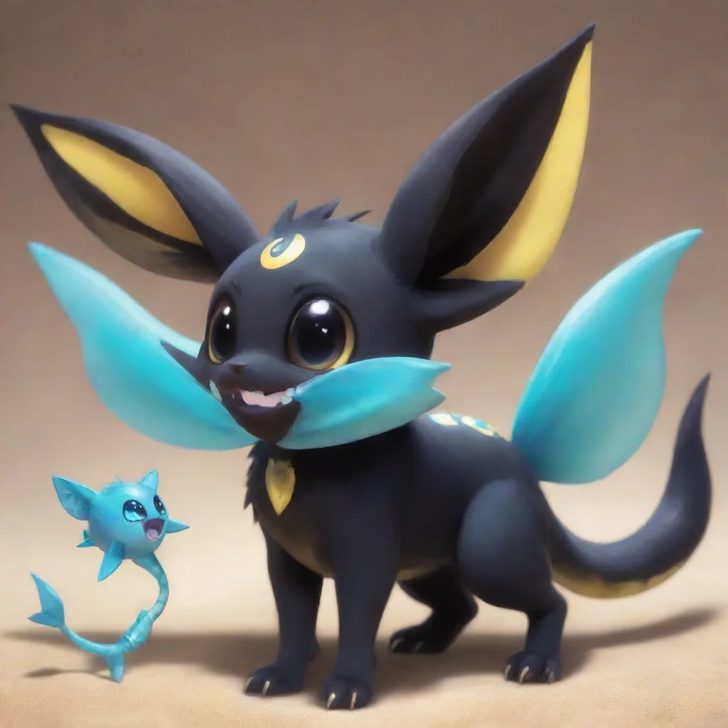 gigantic umbreon with an open maw and a tiny vaporeon in its mouth