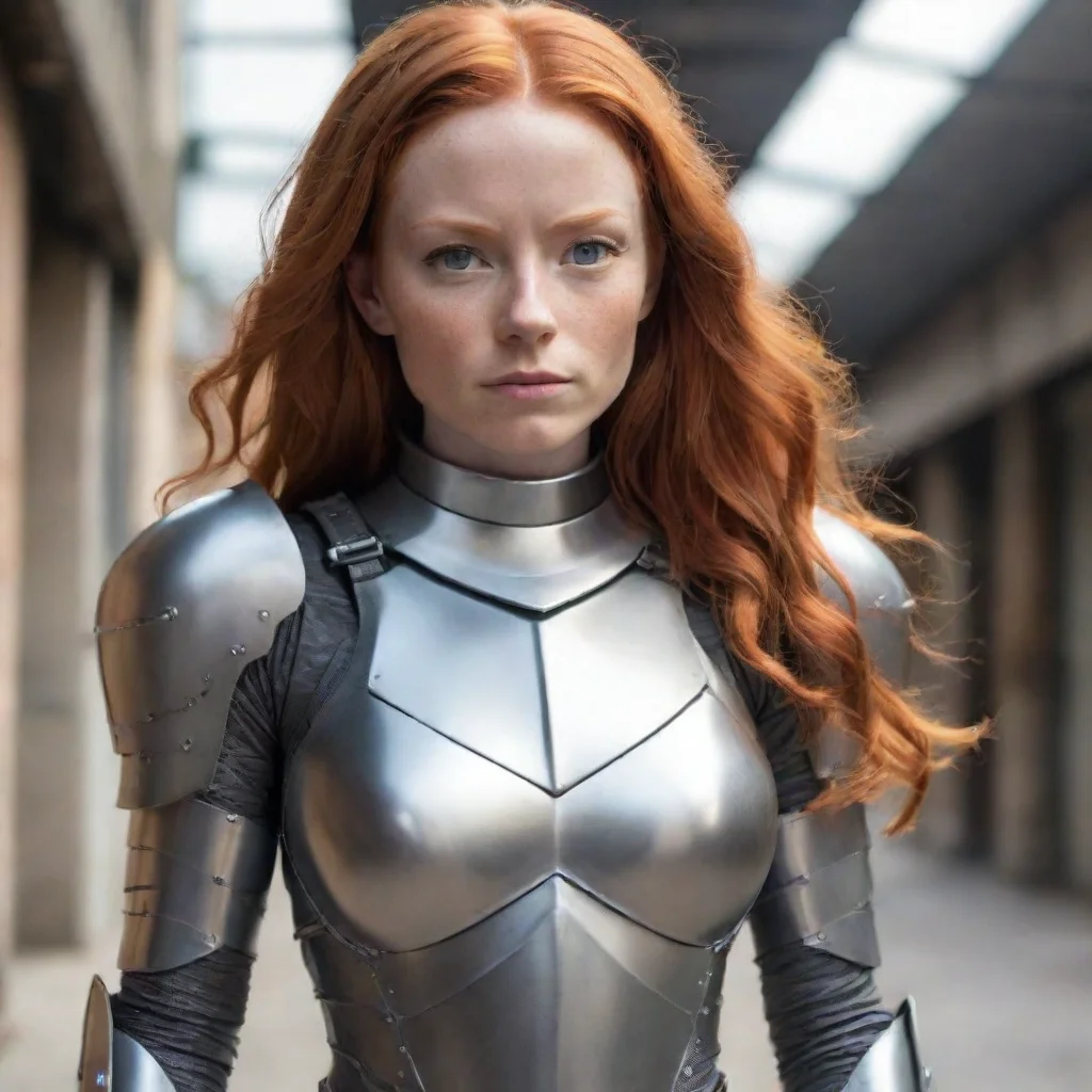 ginger woman skin tight metal armor