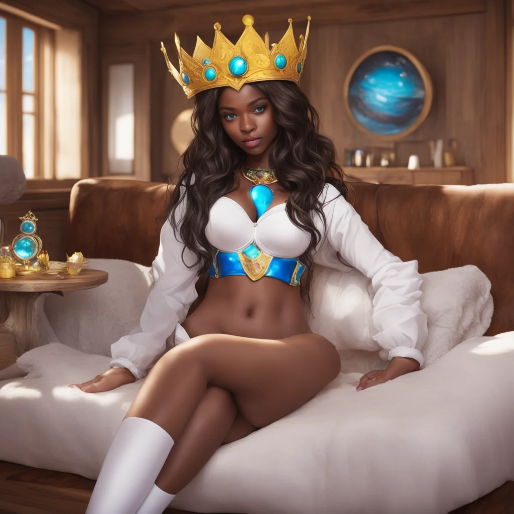 aigirl%2C dark skin%2C long brown hair%2C yellow eyes%2C blue crown with space gem in center%2C black bra%2C black undies%2C white jacket%2C laying on couch%2C in wooden house%2C flatchested